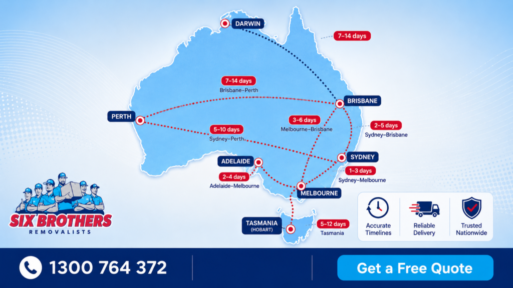 How long does an interstate move take in Australia map graphic by Six Brothers Removalists with route timelines and CTA