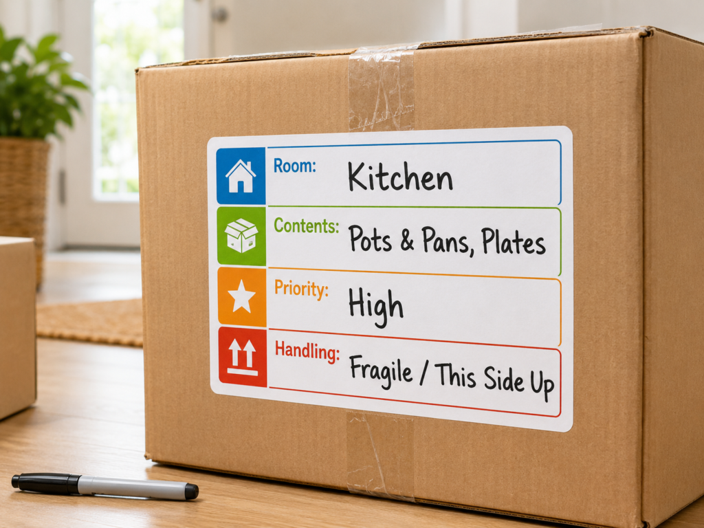 How to label boxes for an interstate move image by Six Brothers Removalists showing room, contents, priority and handling.