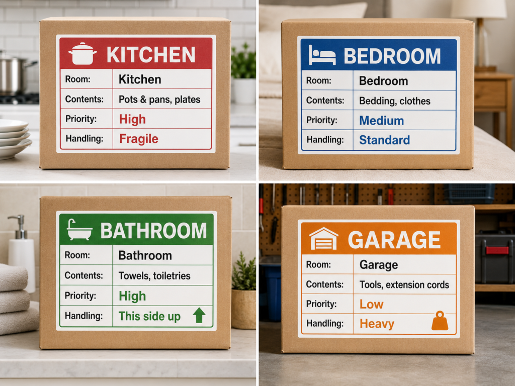 How to label boxes for an interstate move by Six Brothers Removalists with room-by-room label examples.