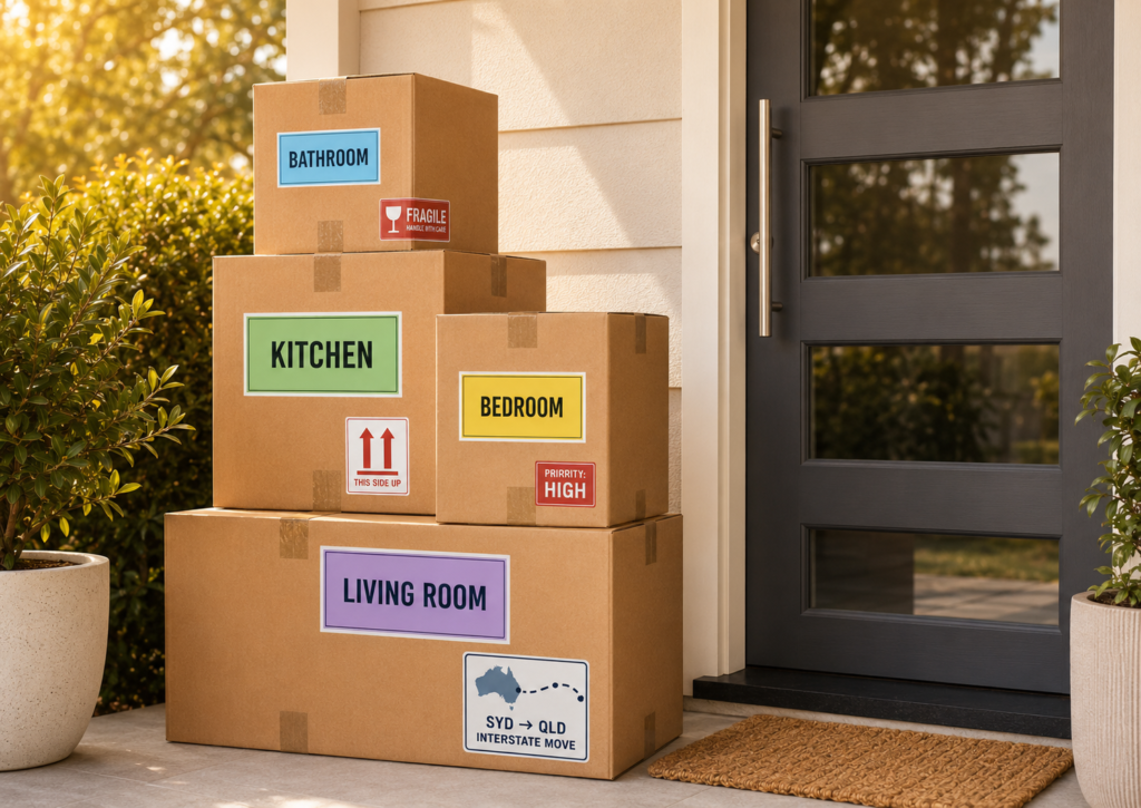 How to label boxes for an interstate move cover image by Six Brothers Removalists with colour-coded boxes by a front door.