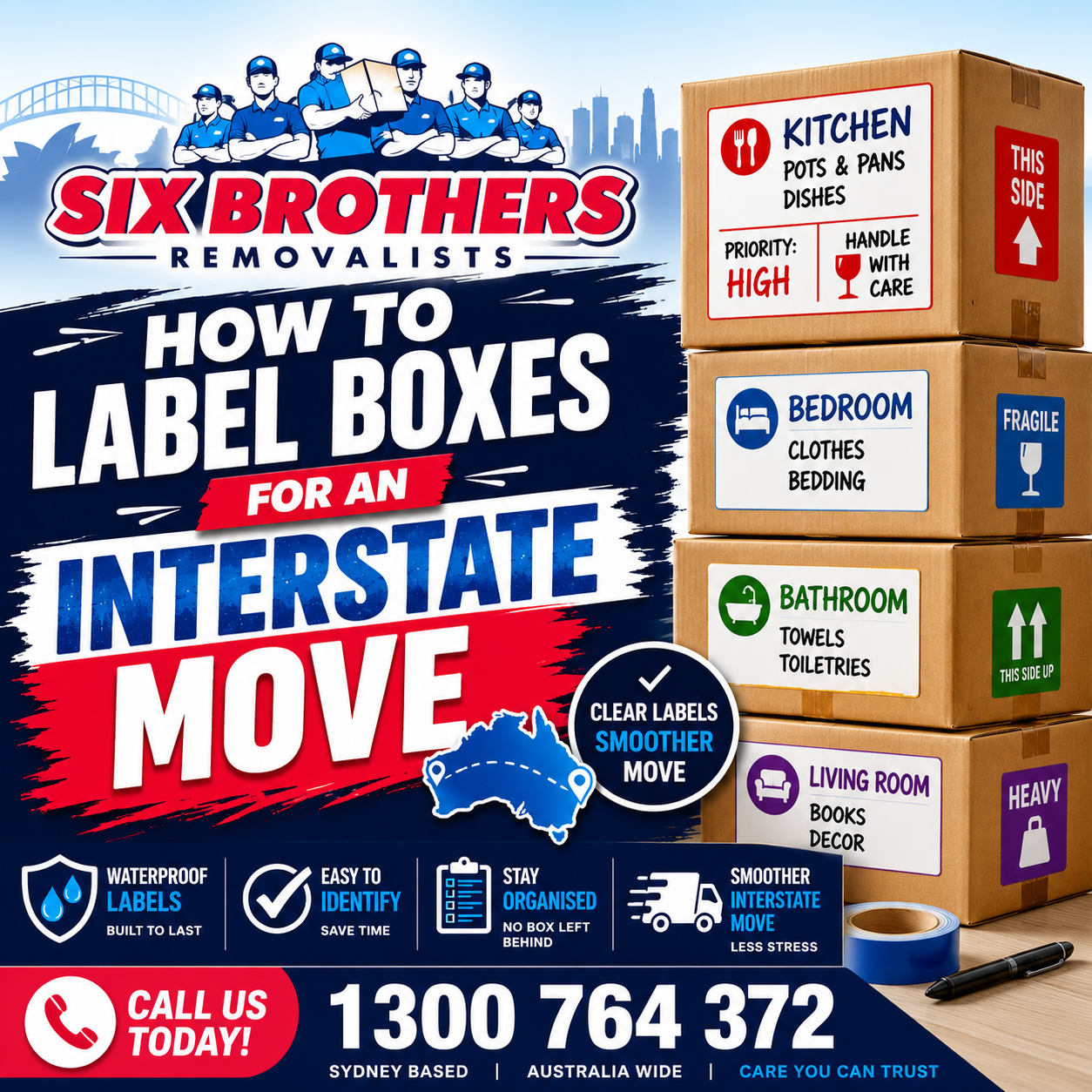 How to label boxes for an interstate move graphic by Six Brothers Removalists with colour-coded box labels.