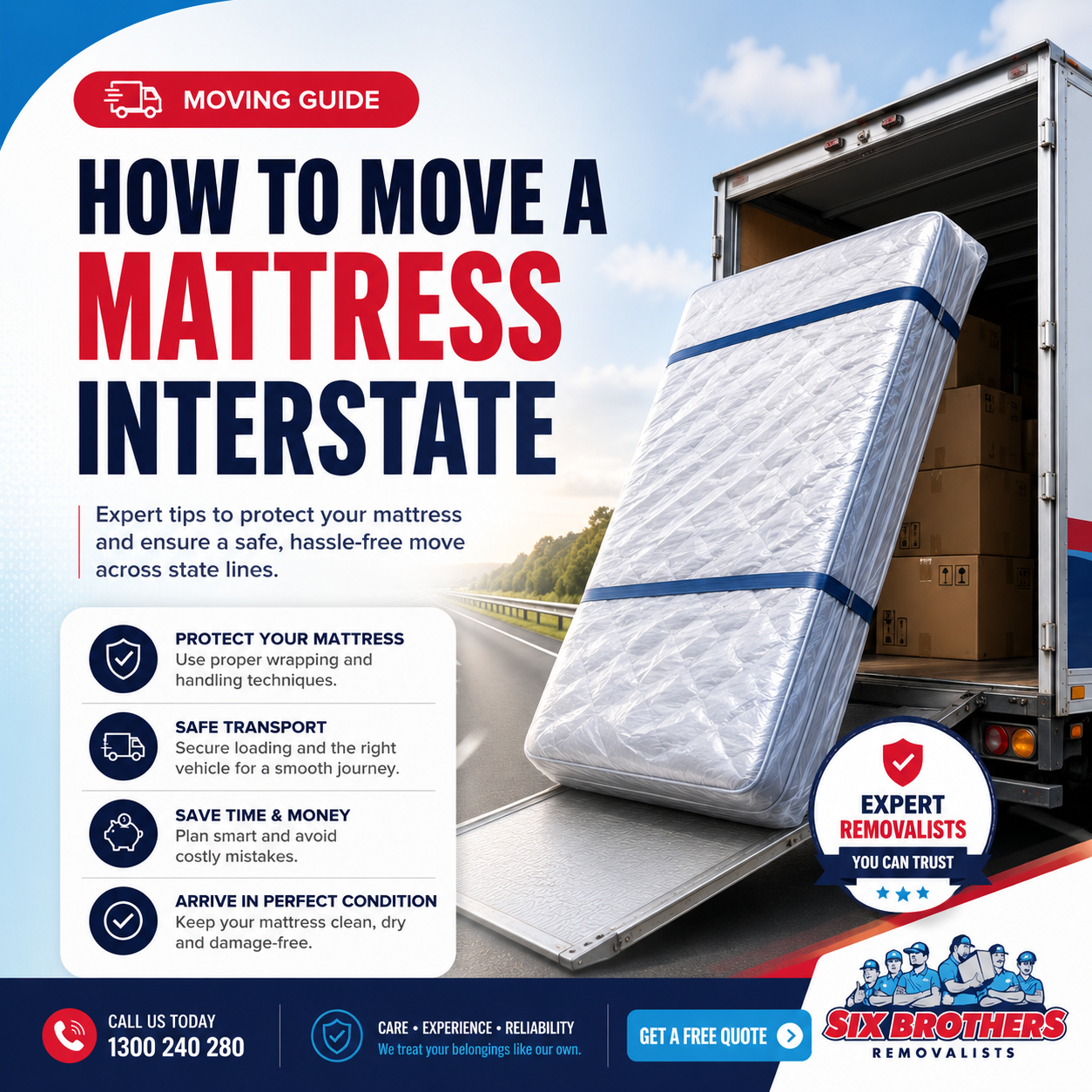 Graphic showing how to move a mattress interstate safely with Six Brothers Removalists truck and quote CTA
