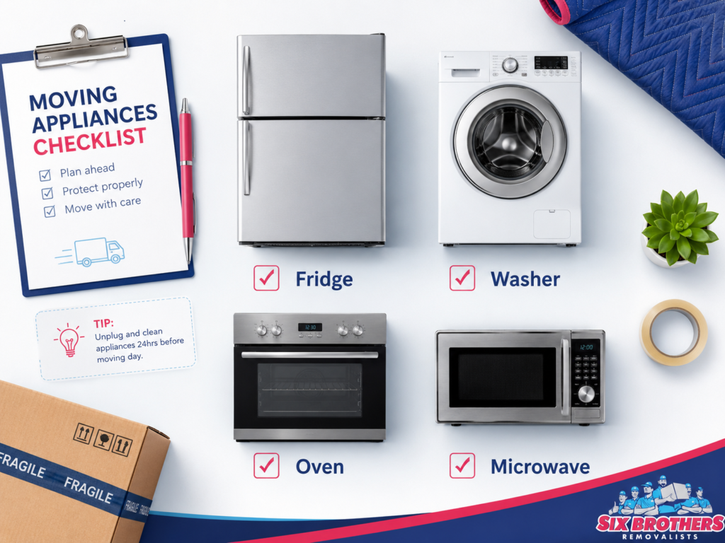 How to move appliances interstate checklist graphic by Six Brothers Removalists with fridge, washer, oven and microwave.