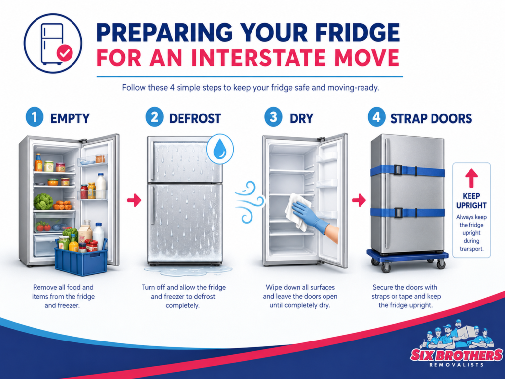 How to move appliances interstate with Six Brothers Removalists fridge prep steps: empty, defrost, dry and strap doors.