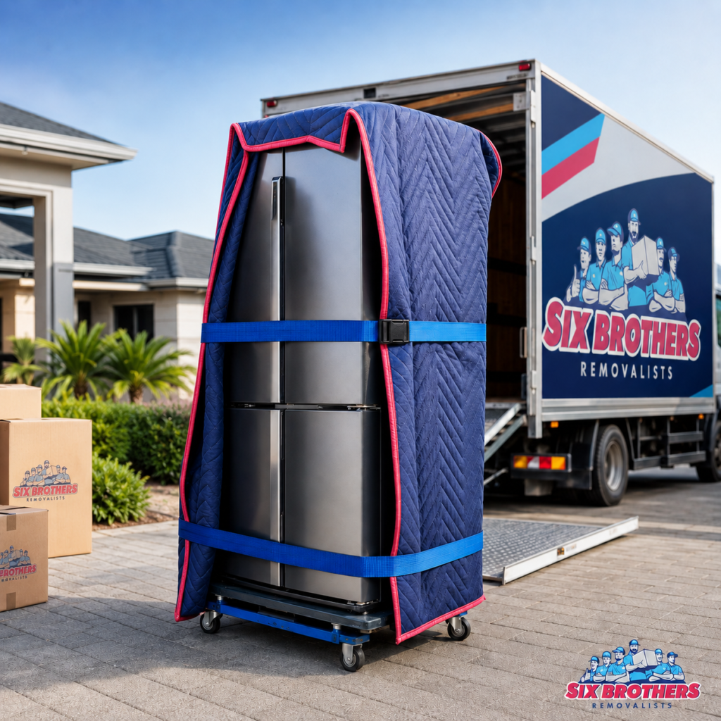 How to move appliances interstate with Six Brothers Removalists, showing a wrapped fridge beside a branded truck.