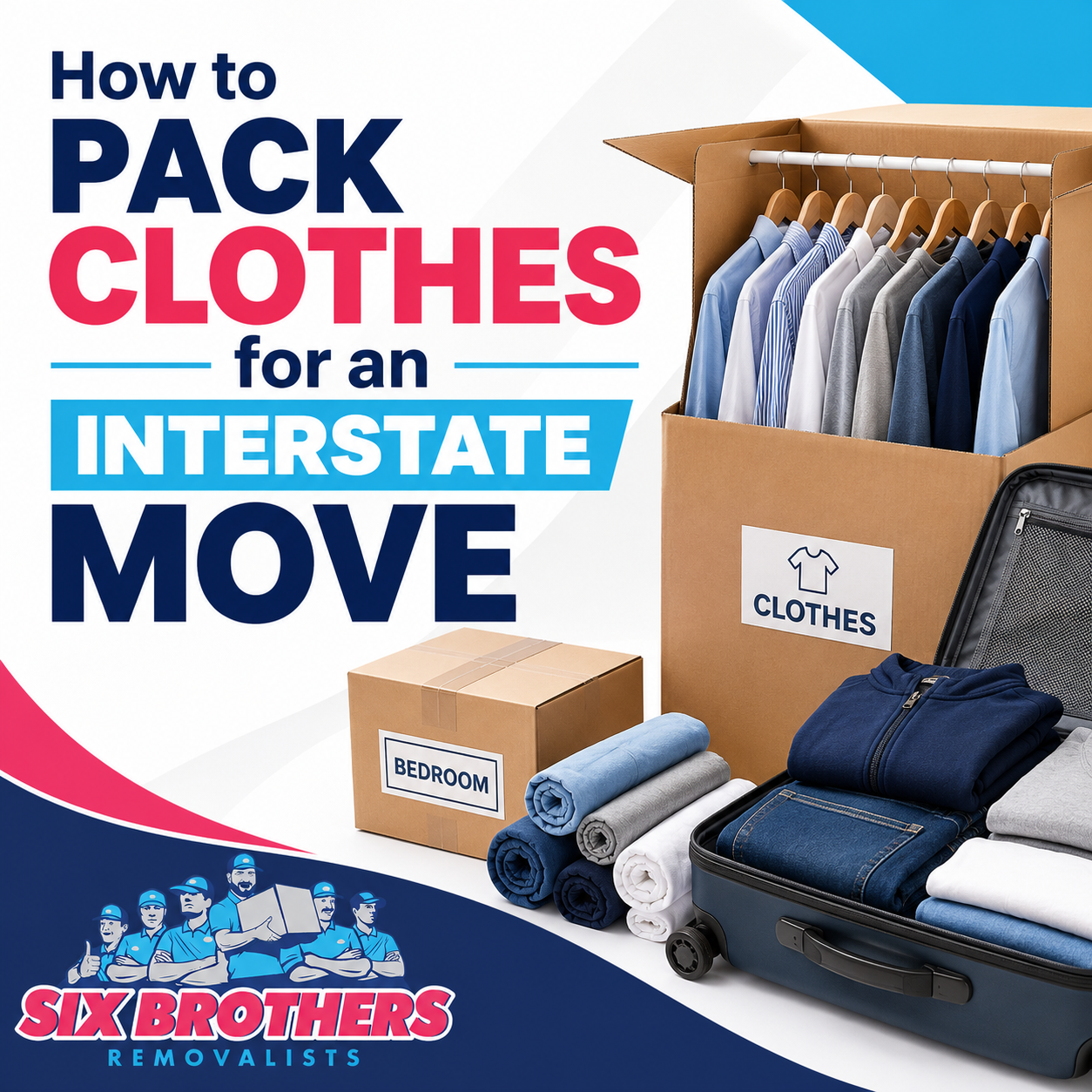 How to pack clothes for an interstate move with Six Brothers Removalists, showing wardrobe box and suitcase