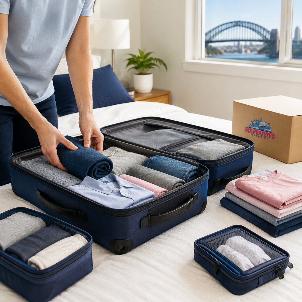 How to pack clothes for an interstate move with Six Brothers Removalists, showing rolled clothes in suitcase