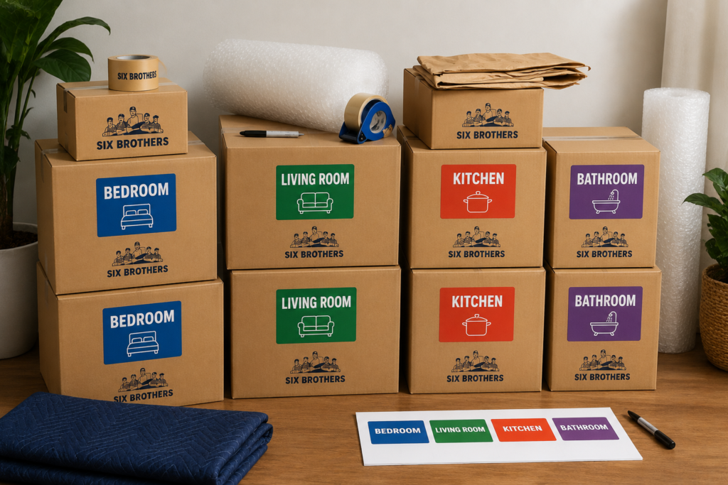 How to pack for an interstate move with colour-coded room labels on boxes by Six Brothers