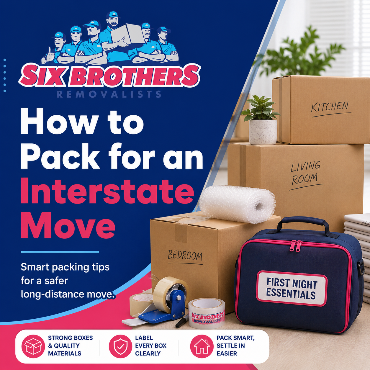 How to pack for an interstate move with labelled boxes and essentials bag by Six Brothers Removalists