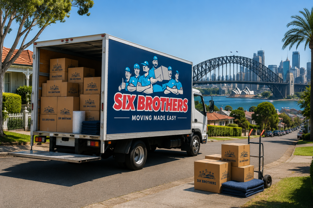 How to pack for an interstate move with Six Brothers truck and stacked boxes on a Sydney street