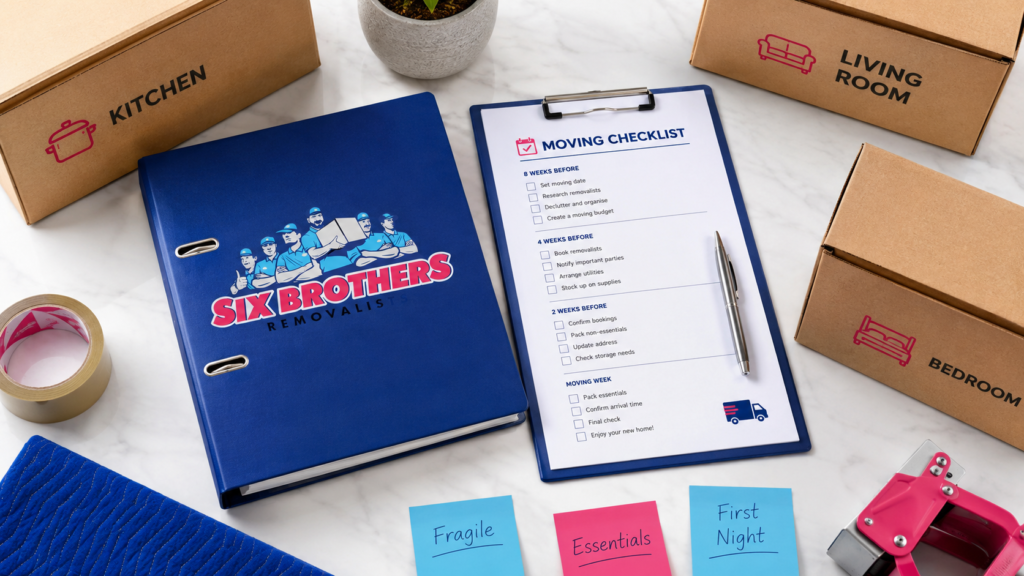 How to plan an interstate move with a checklist, binder, and labelled boxes by Six Brothers Removalists