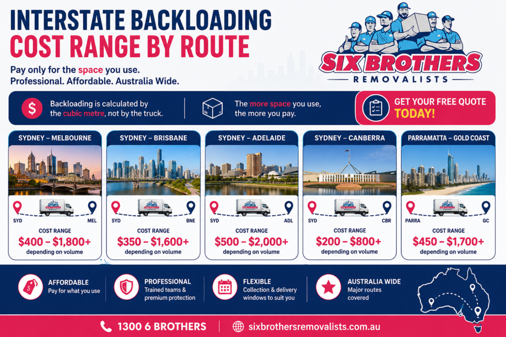 Interstate backloading cost range graphic by Six Brothers Removalists showing route cards and prices