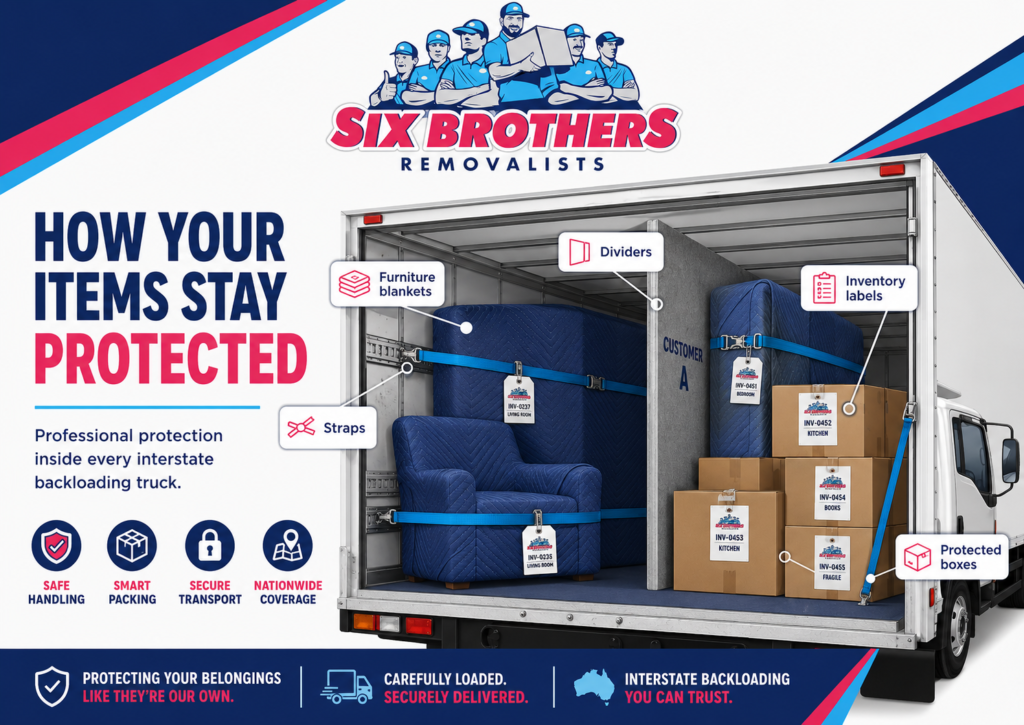 Interstate backloading safety visual by Six Brothers Removalists showing protected boxes and strapped furniture