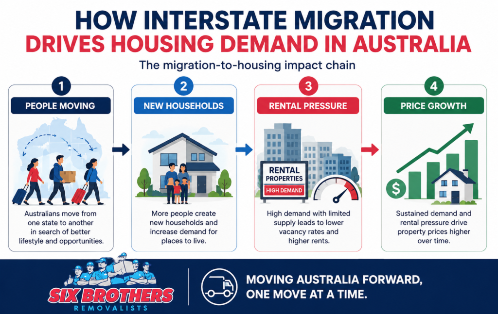 Interstate migration housing demand Australia infographic by Six Brothers Removalists showing rent and price growth
