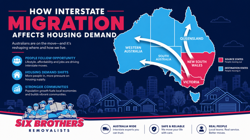 Interstate migration housing demand Australia cover image with state map arrows and Six Brothers Removalists