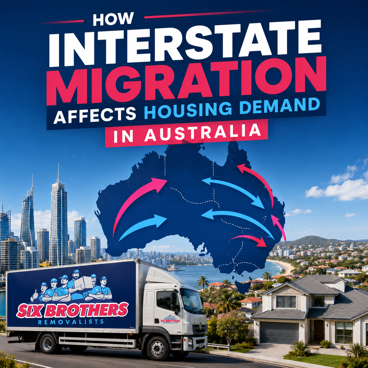 Interstate migration housing demand Australia map with removalist truck by Six Brothers Removalists