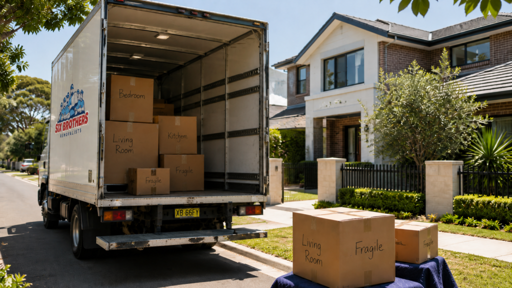 Interstate moving checklist for Australians cover image with labelled boxes and truck by Six Brothers Removalists.