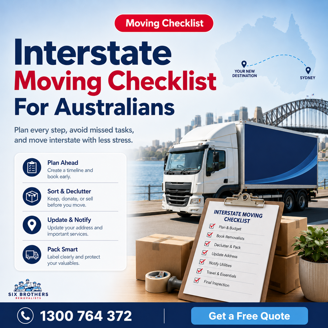 Interstate moving checklist for Australians featured image by Six Brothers Removalists with truck and checklist.