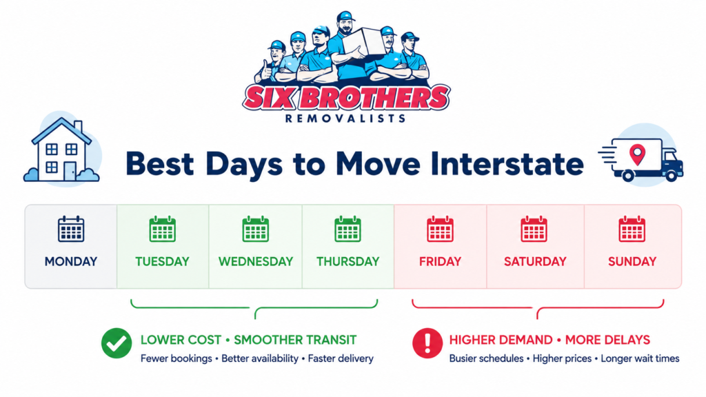 Interstate moving day comparison chart by Six Brothers Removalists showing Tue–Thu best and Fri–Sunday less ideal.
