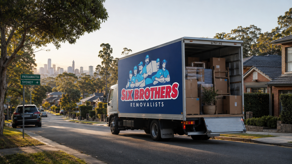Interstate moving day cover image by Six Brothers Removalists showing a loaded truck leaving Parramatta Sydney.