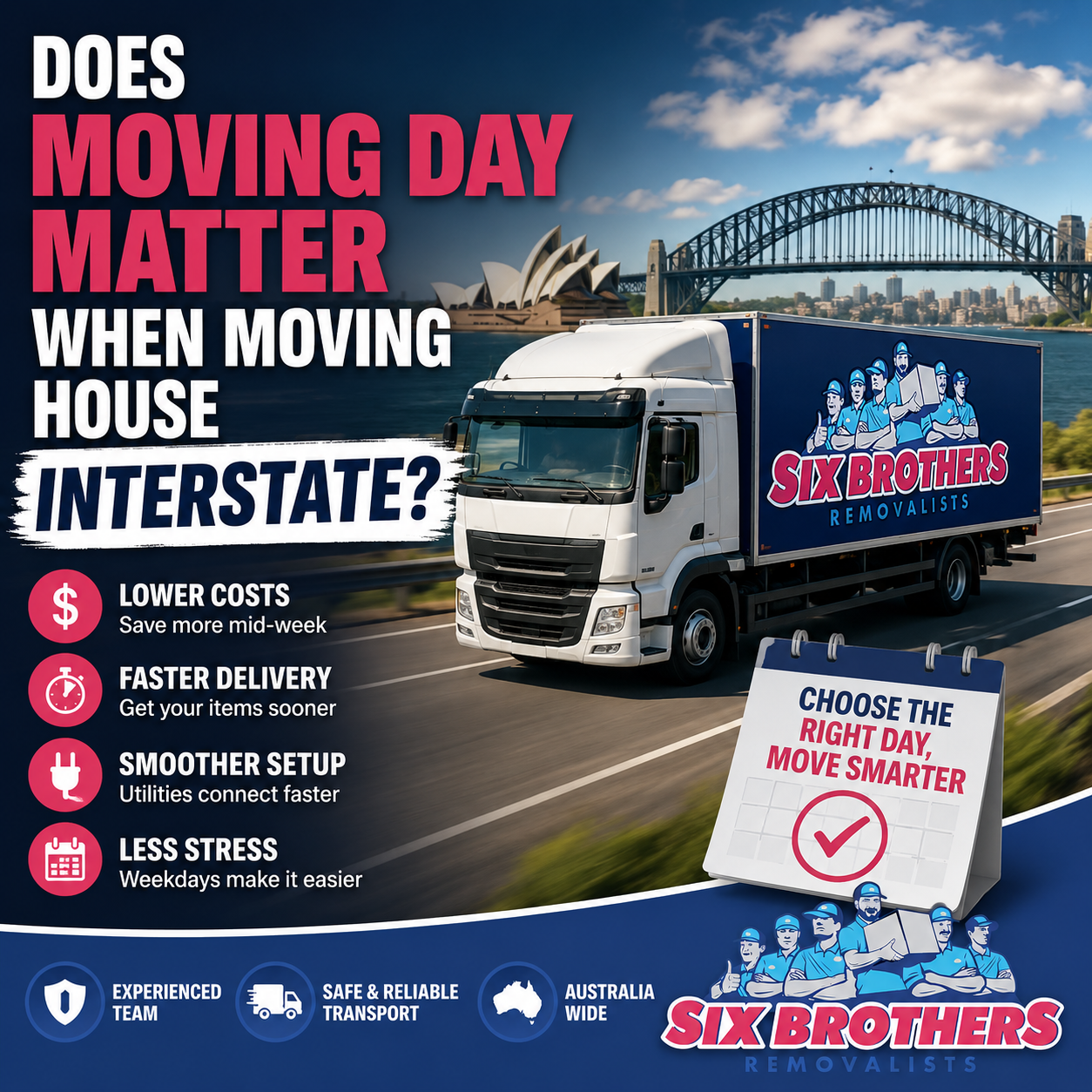 Interstate moving day guide by Six Brothers Removalists showing a branded truck and timing tips.