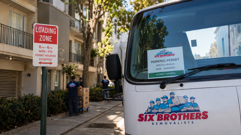 Interstate moving day image by Six Brothers Removalists showing Sydney loading zone rules and a truck permit.