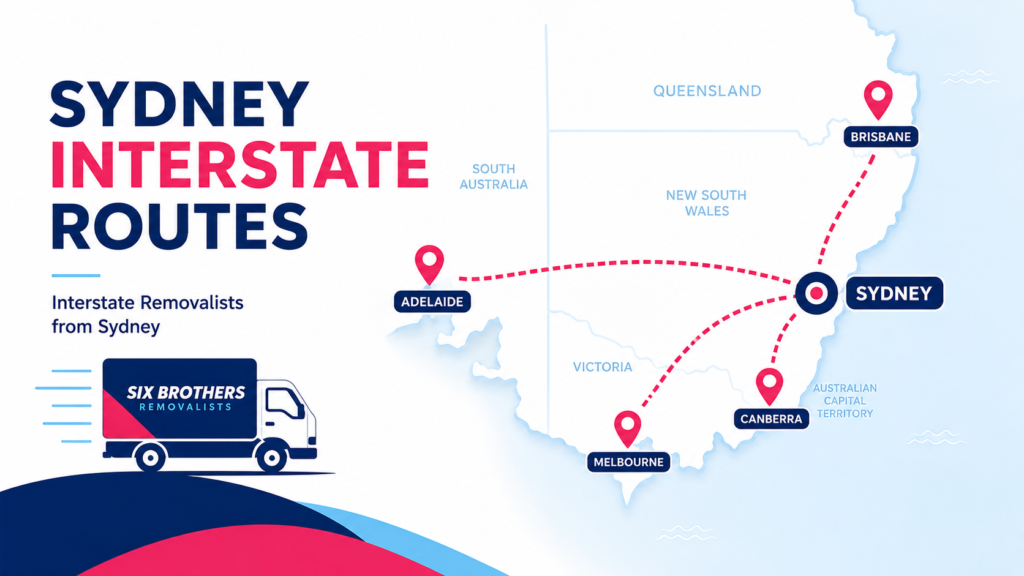Interstate moving day routes map by Six Brothers Removalists showing Sydney links to Melbourne, Brisbane, Adelaide and Canberra.
