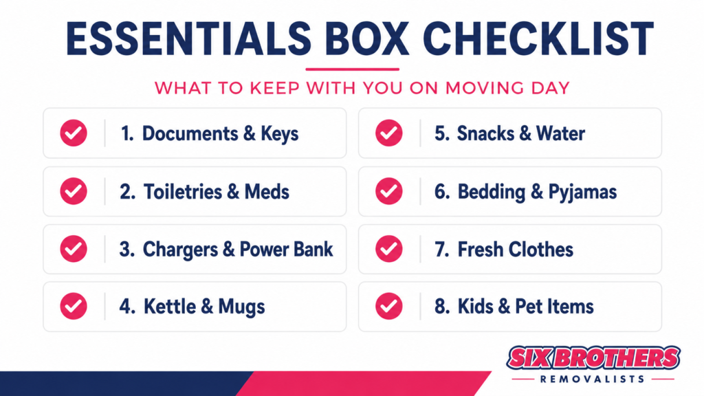 Interstate moving essentials box checklist graphic in navy and pink by Six Brothers Removalists