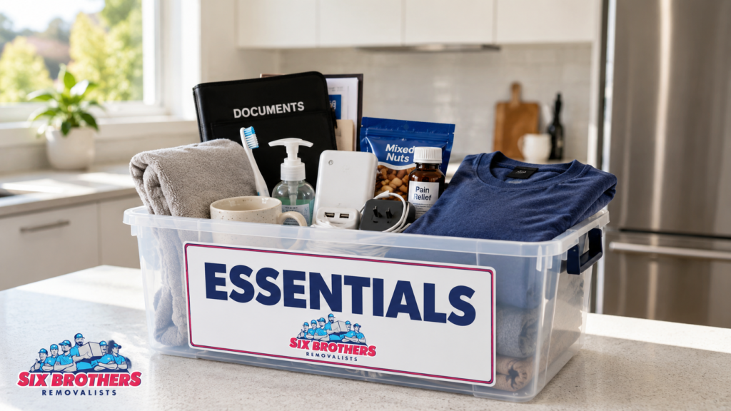 Interstate moving essentials box in a labelled tub on a kitchen bench by Six Brothers Removalists