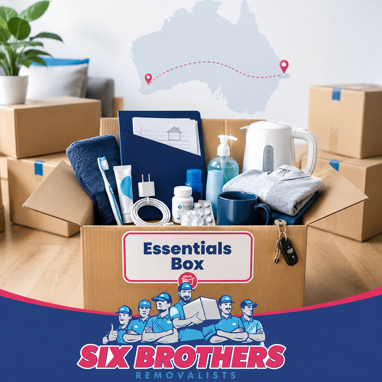 Interstate moving essentials box packed with toiletries, chargers, documents and bedding by Six Brothers Removalists