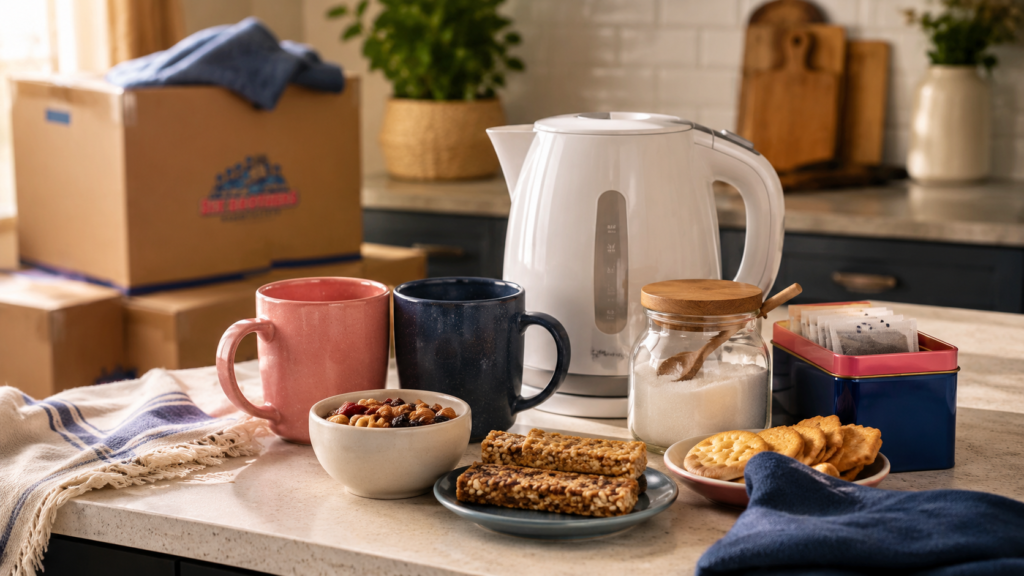 Kettle, mugs, tea and snacks for an interstate moving essentials box by Six Brothers Removalists