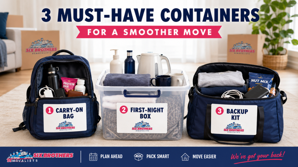 Interstate moving essentials box system with carry-on bag, first-night box and backup kit by Six Brothers Removalists