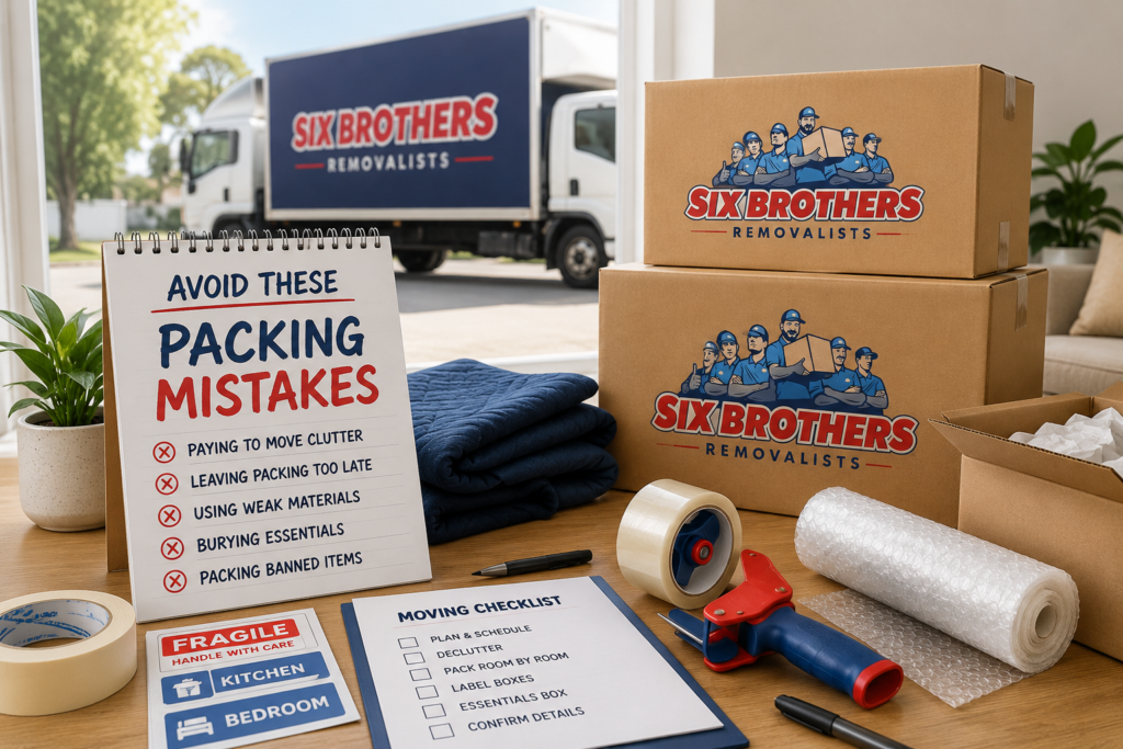 Interstate packing mistakes cover image by Six Brothers Removalists with moving boxes, checklist and packing supplies.