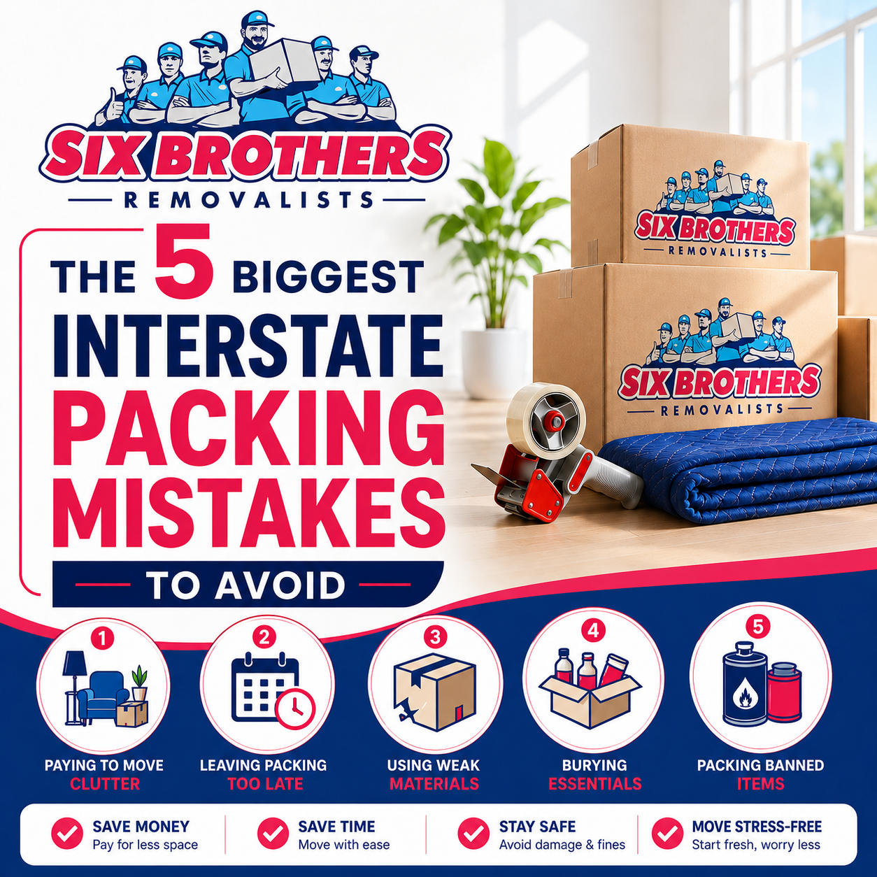Interstate packing mistakes guide by Six Brothers Removalists with boxes, truck and moving checklist design