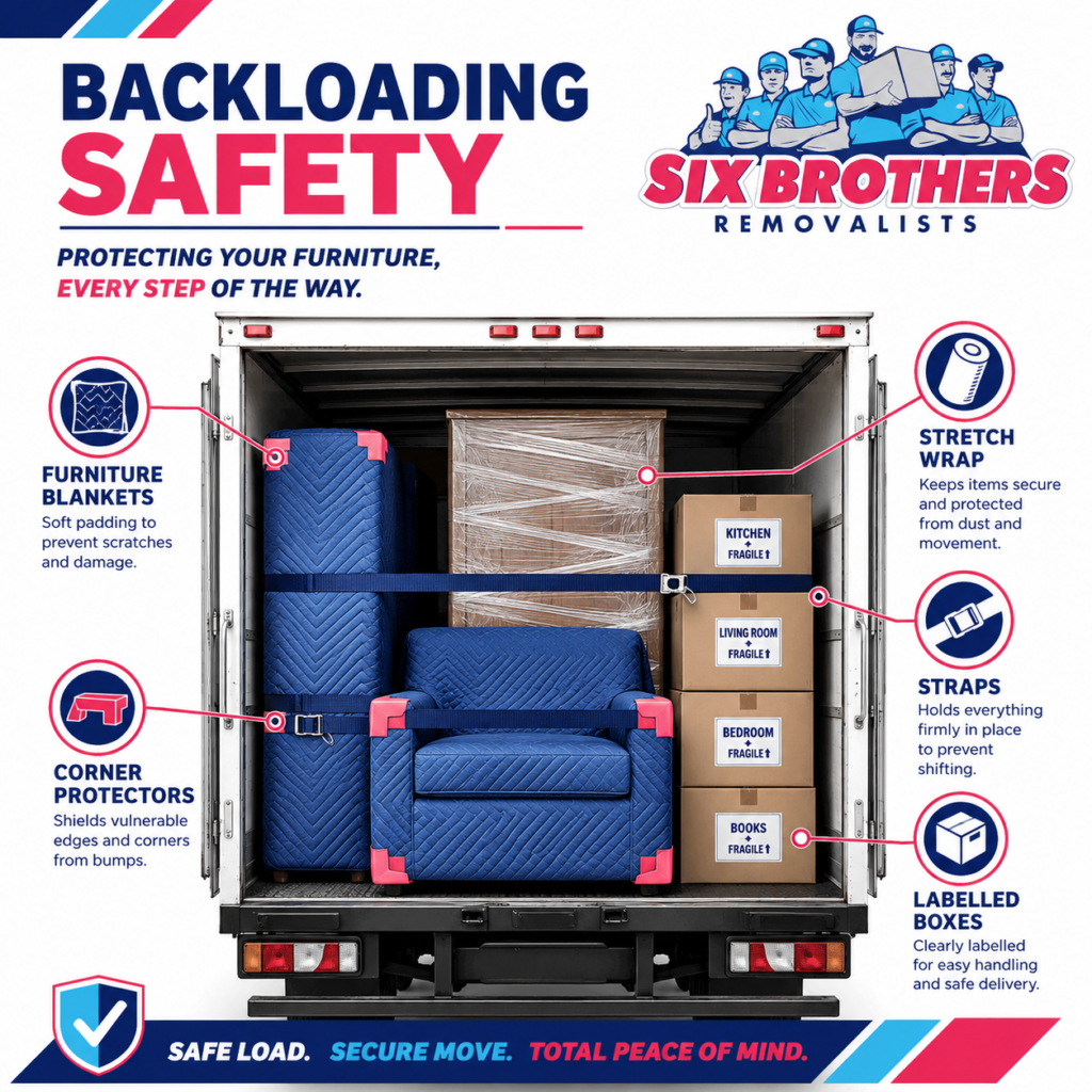 Is backloading safe for furniture infographic by Six Brothers Removalists showing truck packing protection methods