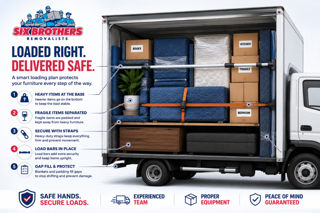 Is backloading safe for furniture diagram by Six Brothers Removalists showing straps and load bars