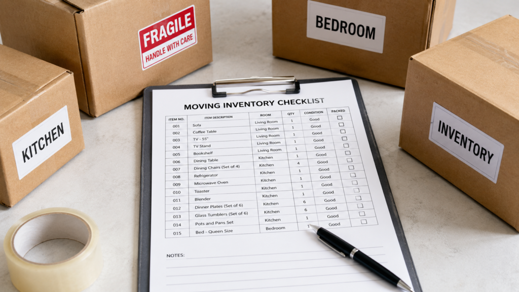Items damaged during an interstate move checklist by Six Brothers Removalists with fragile boxes and inventory list