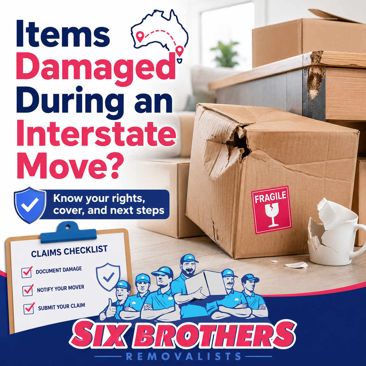 Items damaged during an interstate move guide by Six Brothers Removalists with damaged boxes and claims checklist