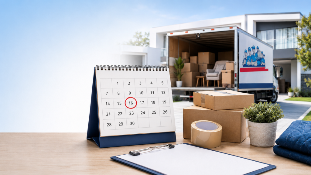 Lucky day to move interstate house calendar with circled date and boxes by Six Brothers Removalists.