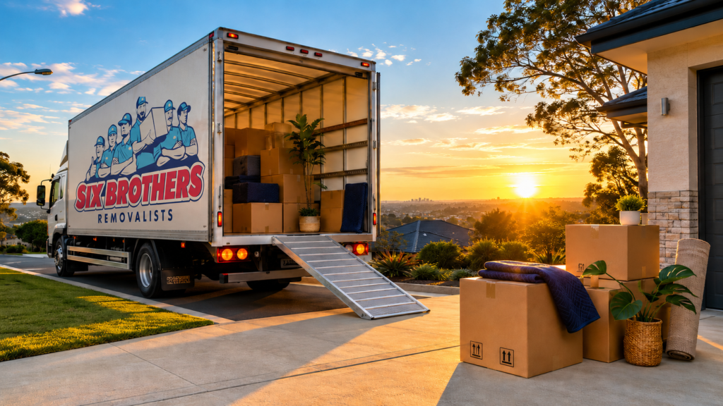 Lucky day to move interstate house scene with Six Brothers Removalists truck packed at sunrise.