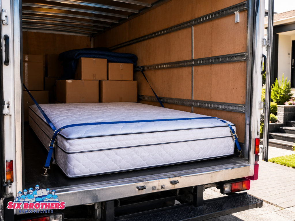 How to move a mattress interstate with Six Brothers Removalists, showing a mattress secured flat inside a van