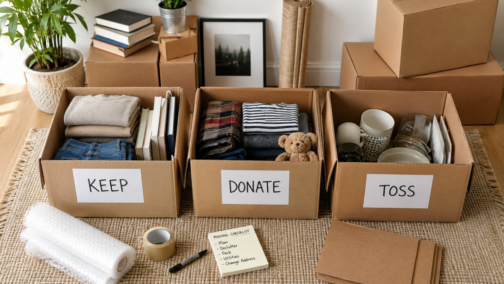 Keep, donate and toss boxes for moving interstate from Sydney by Six Brothers Removalists