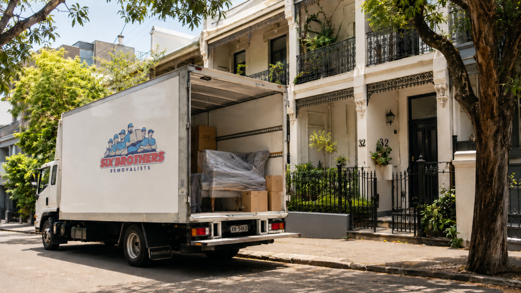 Six Brothers Removalists truck outside a Sydney terrace home for moving interstate from Sydney, with boxes loaded