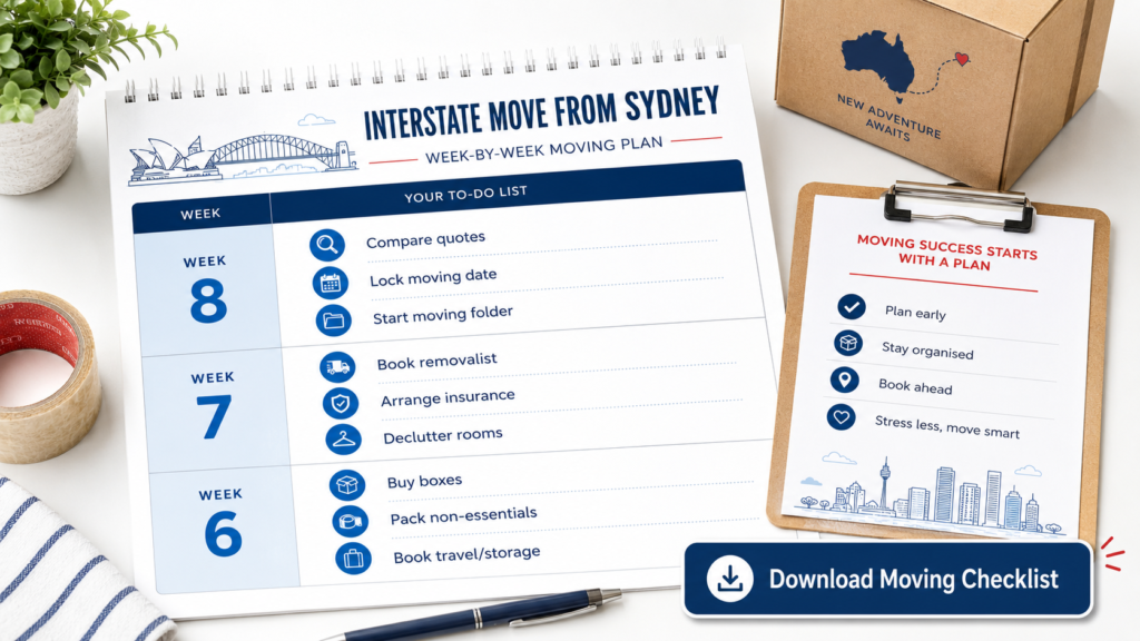 Week-by-week checklist for moving interstate from Sydney by Six Brothers Removalists, covering weeks 8 to 6