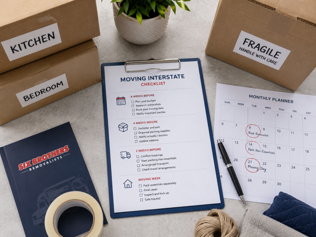 Moving interstate in Australia checklist, labelled moving boxes and planner by Six Brothers Removalists