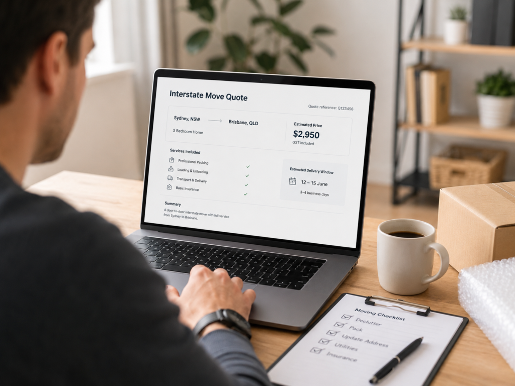 Moving interstate in Australia quote review on laptop with planning checklist by Six Brothers Removalists