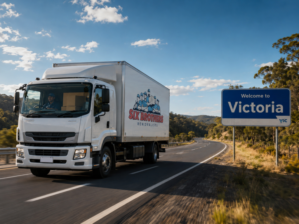 Moving interstate in Australia with a Six Brothers Removalists truck crossing the Welcome to Victoria sign