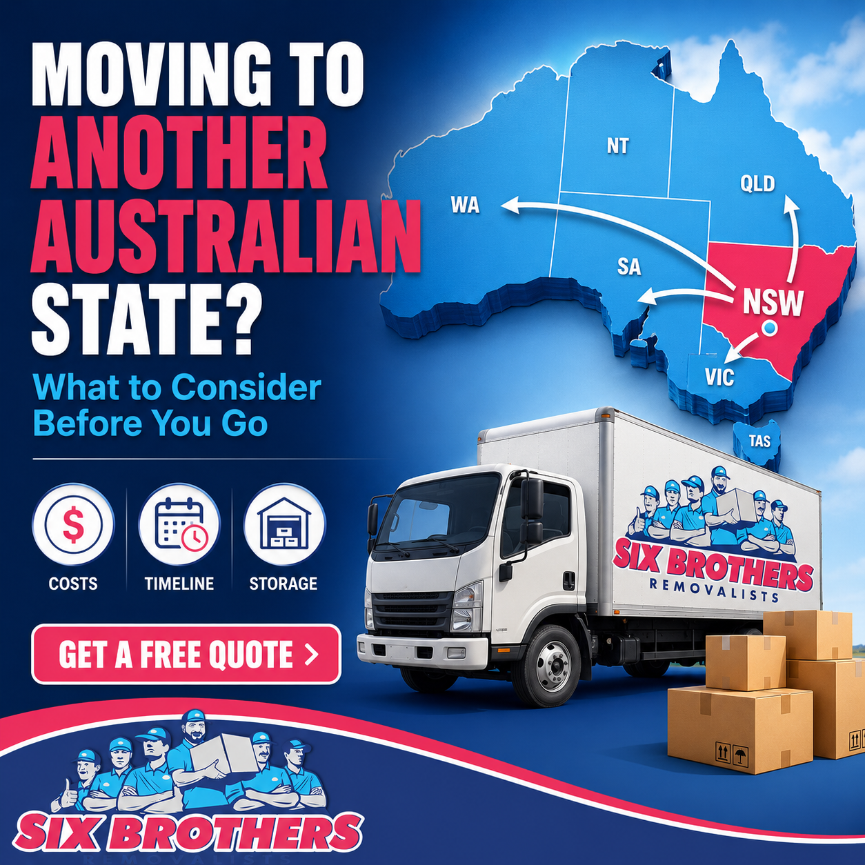 Moving to another Australian state with Six Brothers Removalists truck, NSW map, costs, timeline and quote CTA