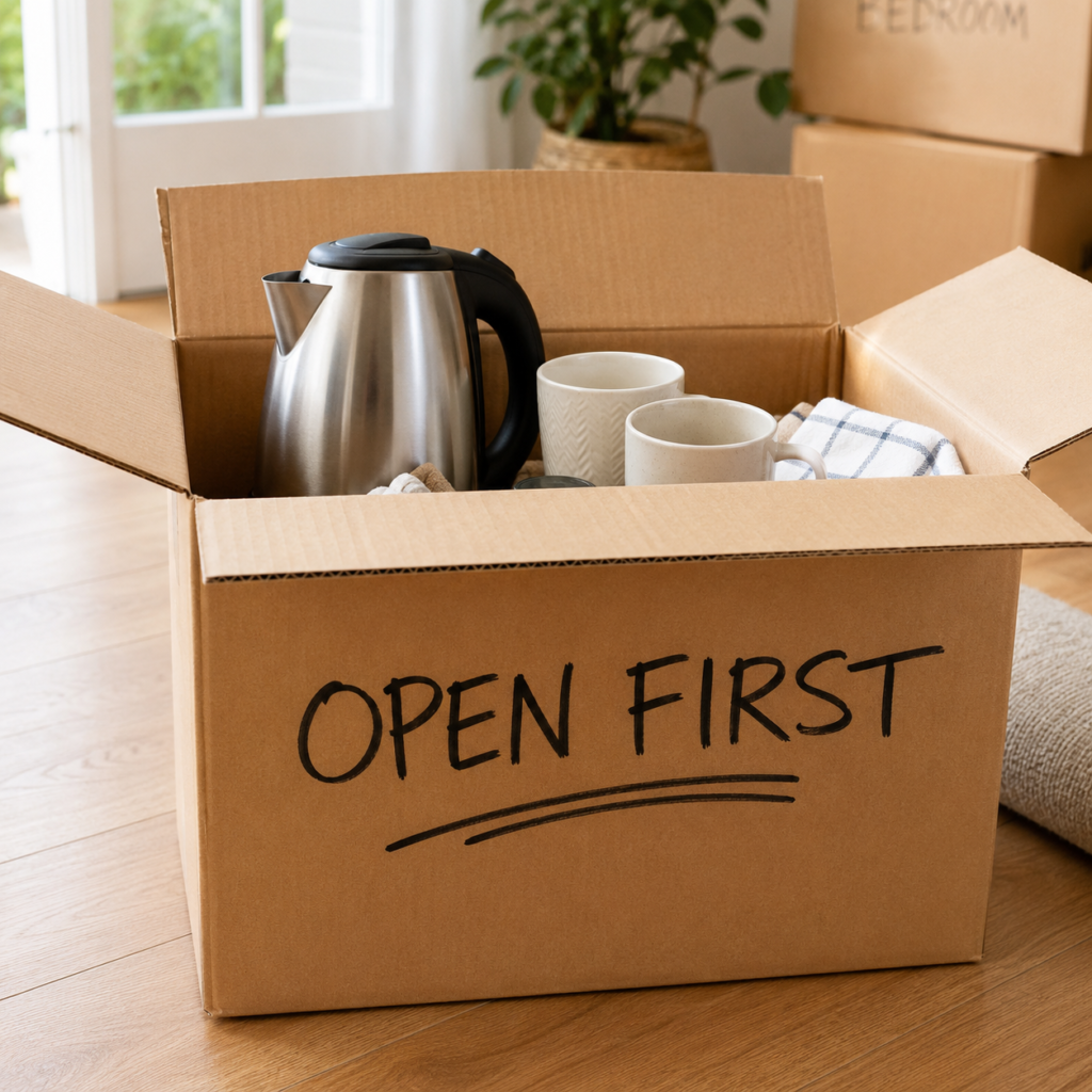 Pack last before moving interstate with an OPEN FIRST box holding a kettle and mugs by Six Brothers Removalists