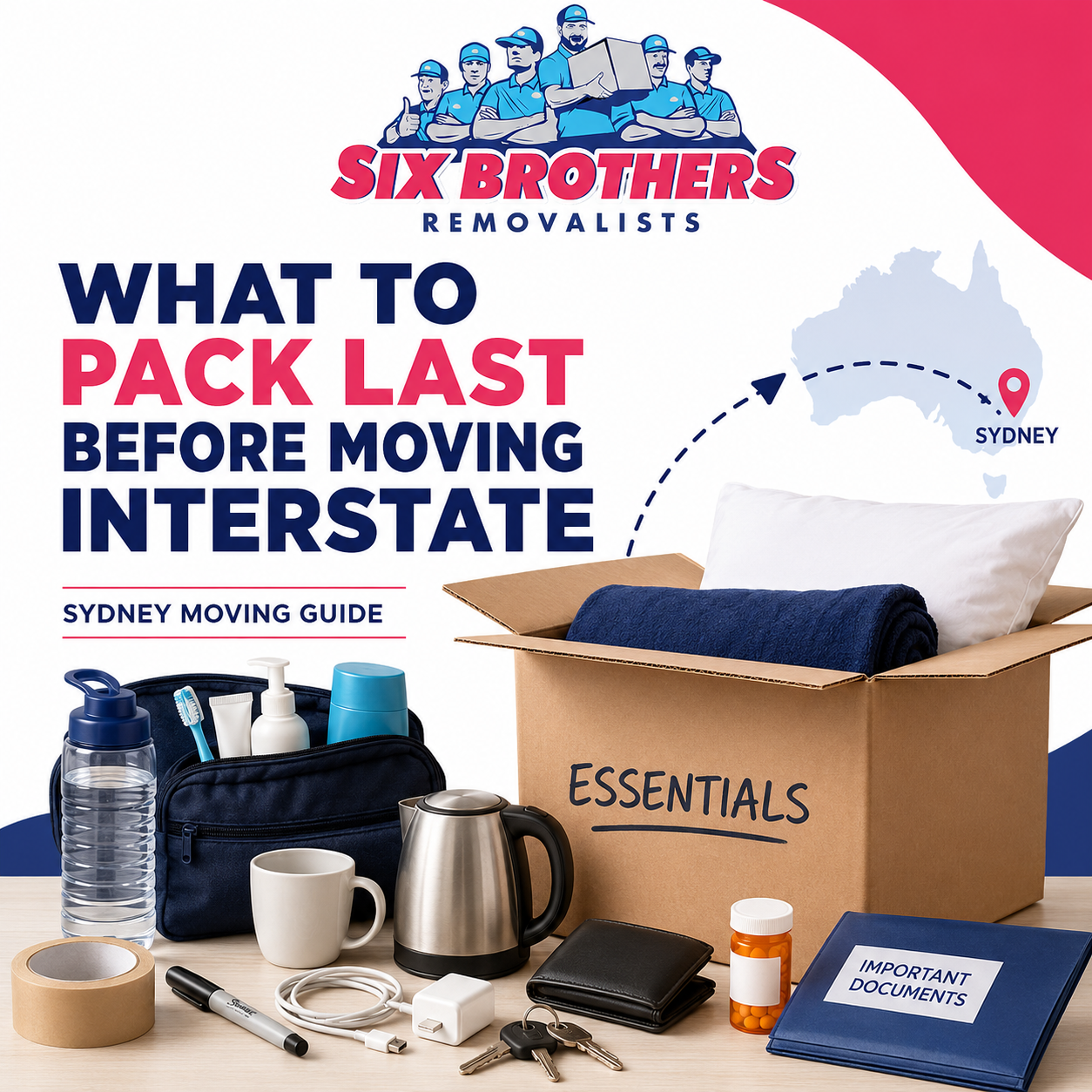 Pack last before moving interstate with essentials box, documents and travel items by Six Brothers Removalists